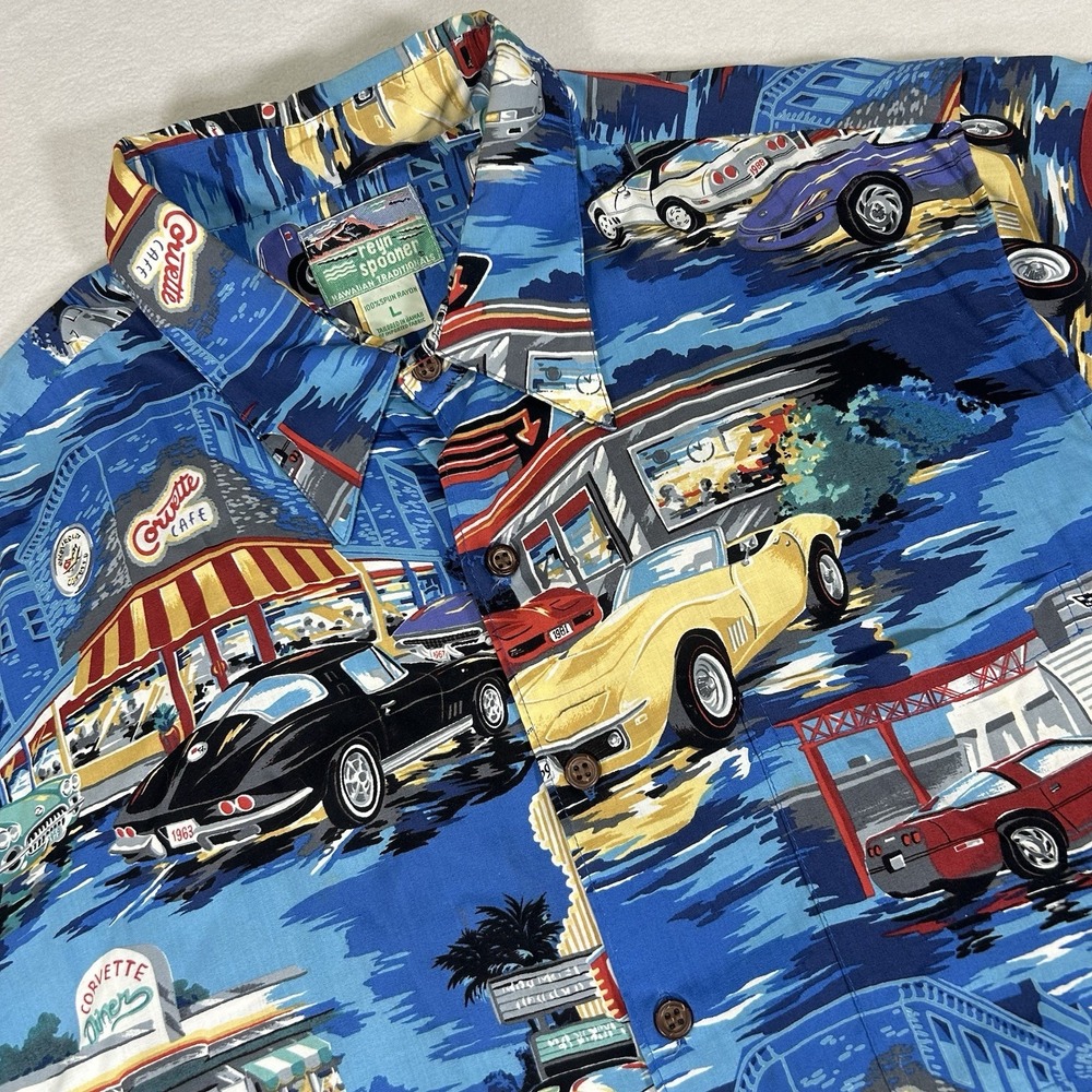 VTG Reyn Spooner Corvette Cafe Hawaiian Shirt Large‎ Short Sleeve Spun Rayon